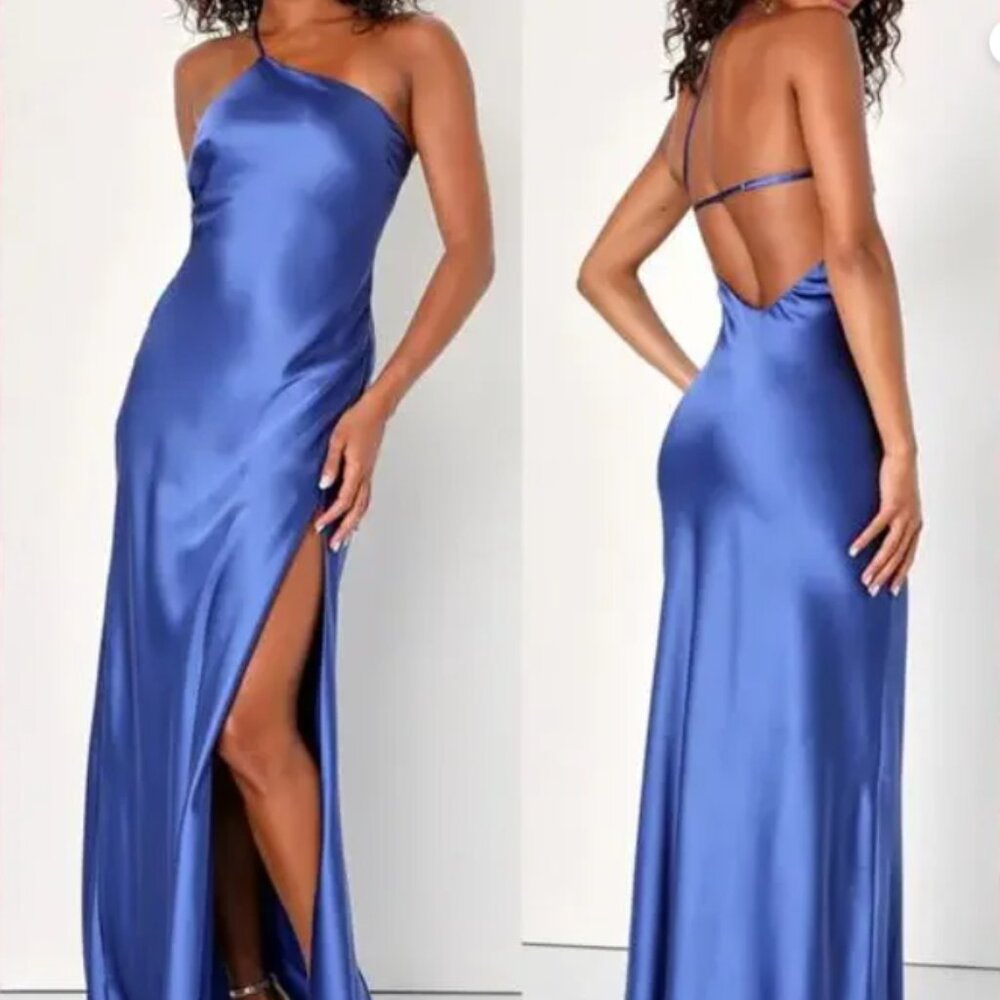 LULU'S L Flirtatious Evenings Blue Satin Asymmetrical Backless Maxi Dress B88